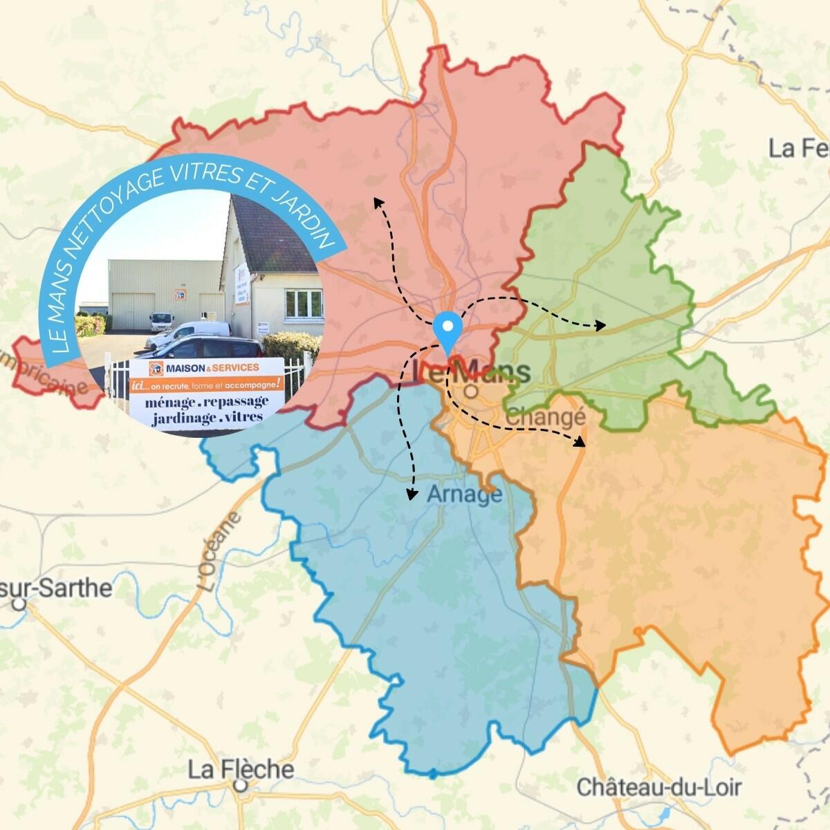 Carte des zones d'interventions de MAISON ET SERVICES LE MANS NETTOYAGE VITRES JARDIN