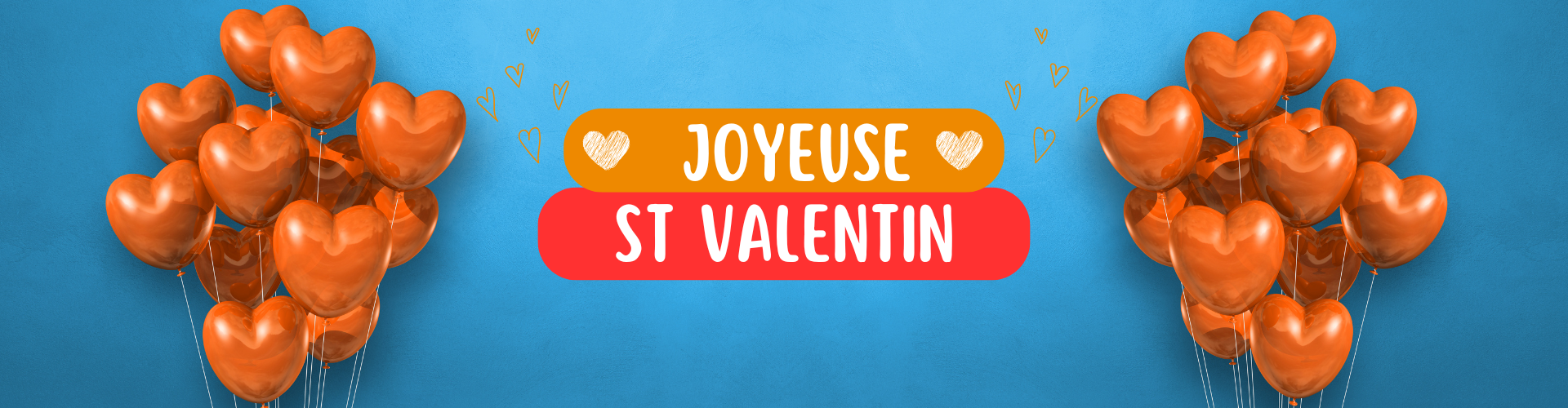 Bannière fond bleu avec ballons en forme de coeur orange de chaque cotés du texte de joyeuse St Valentin