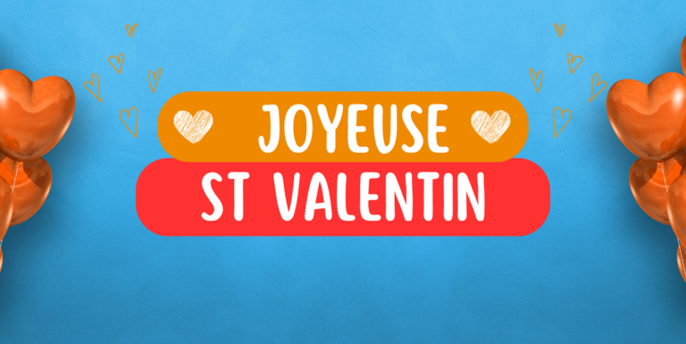 Bannière fond bleu avec ballons en forme de coeur orange de chaque cotés du texte de joyeuse St Valentin